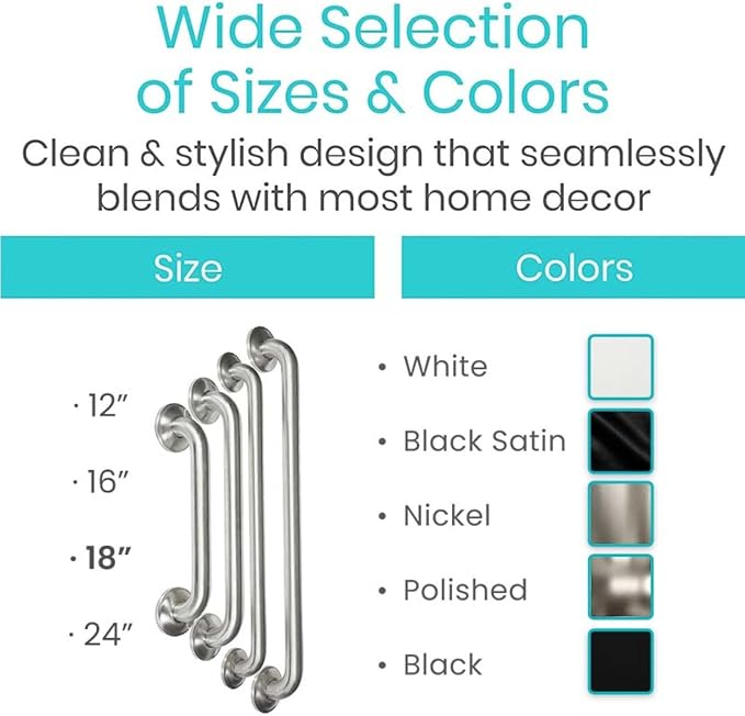Vive Grab Bar for Showers - Bathroom Antislip Handrail for Seniors, Elderly Assistance Product, Heavy Duty Shower Handles, Handicap Grab Bars, Stainless Steel, Multipurpose, 440 lbs (Nickel)