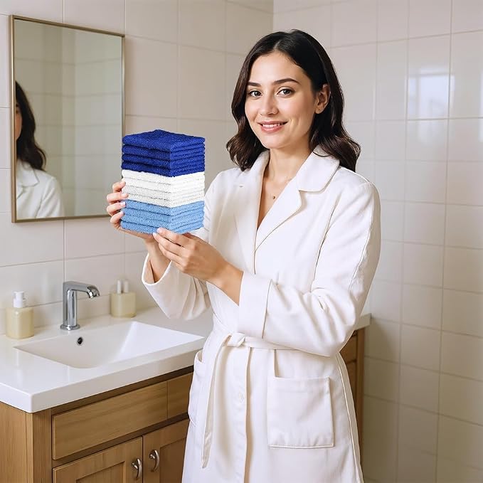 QUBA LINEN 100% Cotton Washcloth Set – Soft, Absorbent Face Towels for Bathroom & Gym Use – Durable & Reusable Wash Cloths - (Blue, White and Navy (12x12), (Pack of 12)