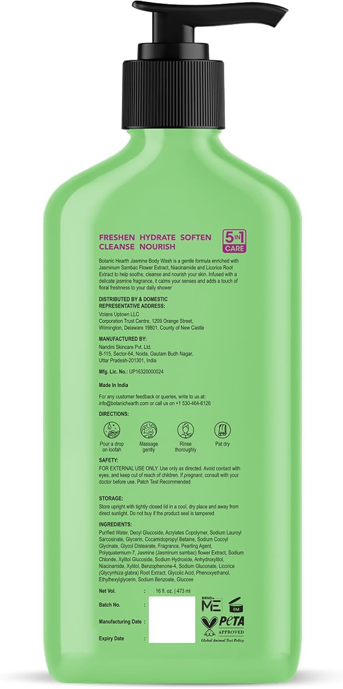 Botanic Hearth Jasmine Body Wash – Gentle 5-in-1 Cleansing Formula with Soothing Floral Aroma, Hydrating & Sulfate Free Daily Shower Gel – 16 fl oz