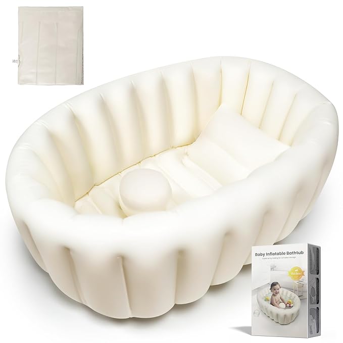 Inflatable Baby Bathtub, Collapsible Baby Bath Back Support, Portable Newborn Travel Bath tub with Drain Hole, Foldable Baby Bath Tubs for Infant to Toddler 0-24 Months (White)