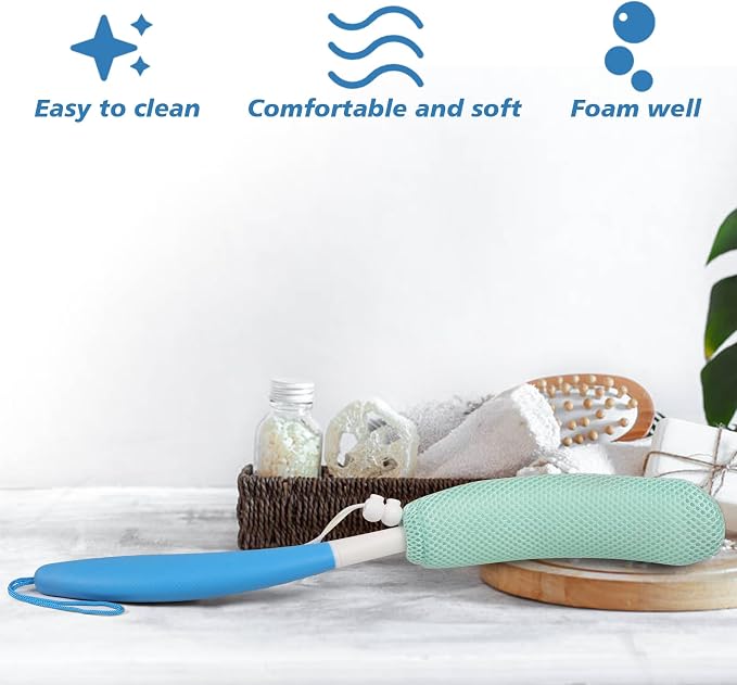 Back Scrubber for Shower,Mesh Sponge Body Shower Brush with Long Handle for Use in Shower Back Scrubber,Back Scrub for Exfoliating Body Scrubber or Shower Brush (Green and Green)