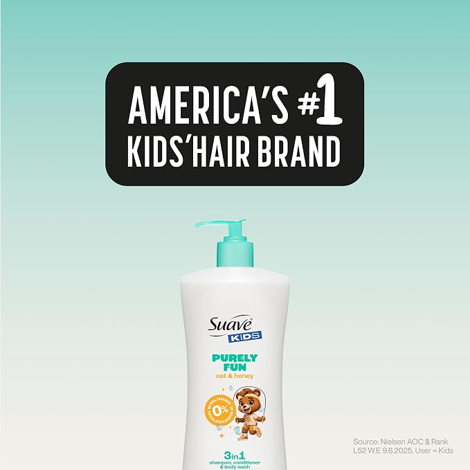 Suave Kids Purely Fun 3 in 1 Shampoo, Conditioner & Body Wash with Oat & Honey, Tear-Free, Hypoallergenic, Gentle Hair Care for Kids with Sensitive Scalps, 4 Count, 28 fl oz