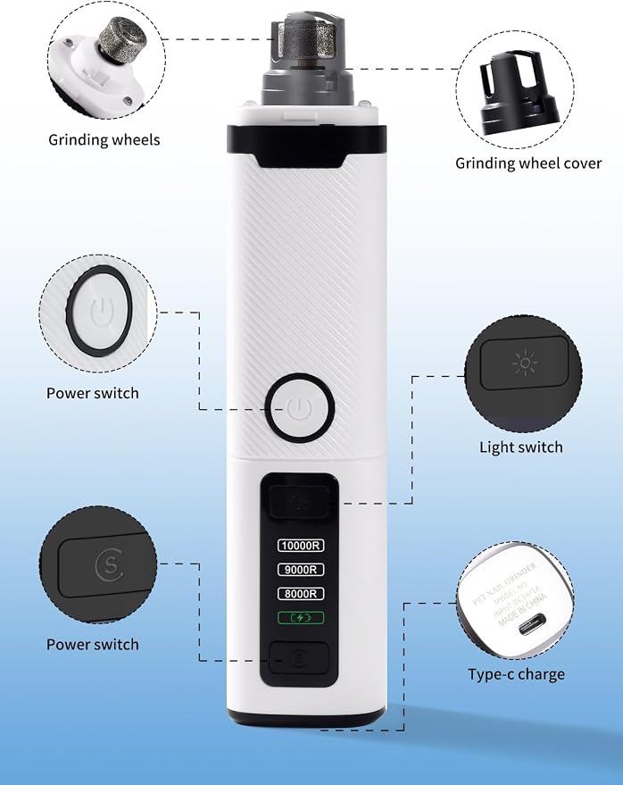 New Upgraded Dog Nail Grinder with LED Lights, 3-Speed Electric Rechargeable Pet Nail Trimmer for Small Medium Large Dogs (White)