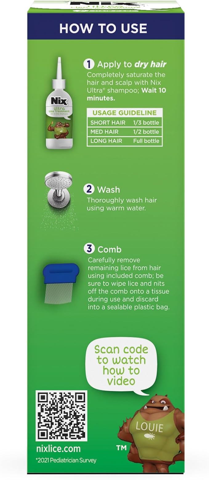 Nix Ultra Superlice Treatment, All-in-One Shampoo, 4 Fl Oz & Lice Removal Comb