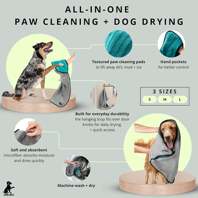 Microfiber Dog Towel & Paw Cleaner – Super Absorbent for Drying Dogs Large, Medium & Small, Quick Dry Pet Towels with Hand Pockets, Soft & Durable Puppy Towel, Machine Washable, Hanging Loop (Large)