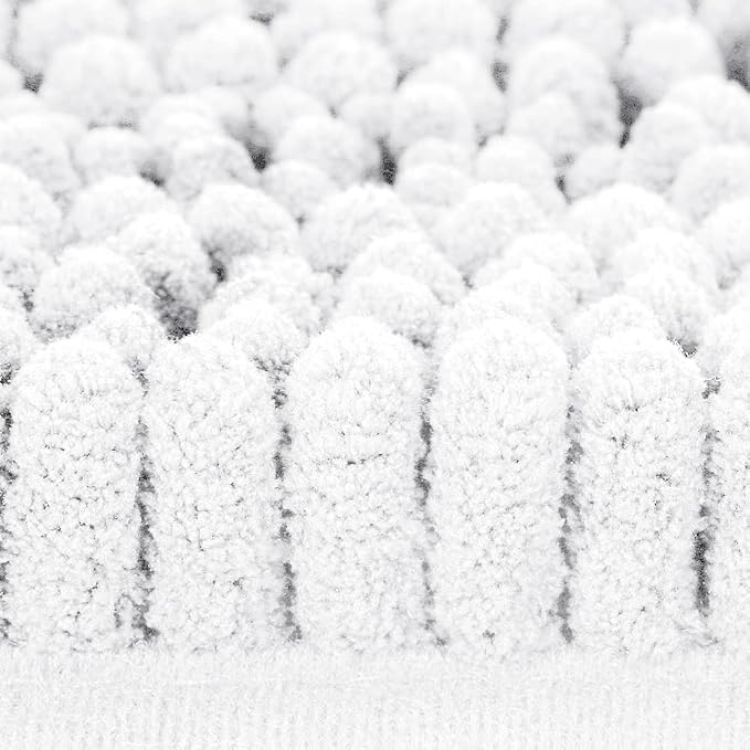 ACCUMTEK Striped White Bathroom Rug Set 3 Pieces Ultra Soft, Non Slip Chenille Toilet Mat, Absorbent Plush Shaggy Bath Mats for Bathroom, Bedroom, Kitchen, Ivory