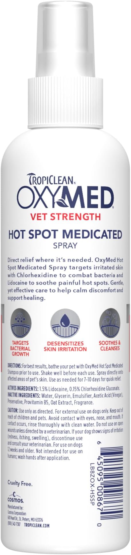 OxyMed Hot Spot Spray for Dogs, Skin Comfort Grooming Spray with Chlorhexidine, Lidocaine & Oatmeal, Fragrance Free, 8oz