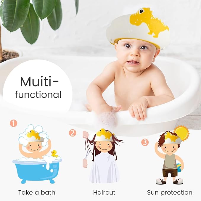 FUNUPUP Baby Shower Cap for Kids, Baby Bath Shampoo Visor Cap Hair Washing Shield Adjustable Silicone Bath Hat for Toddler Girls and Boys (Dinosaur,Yellow)