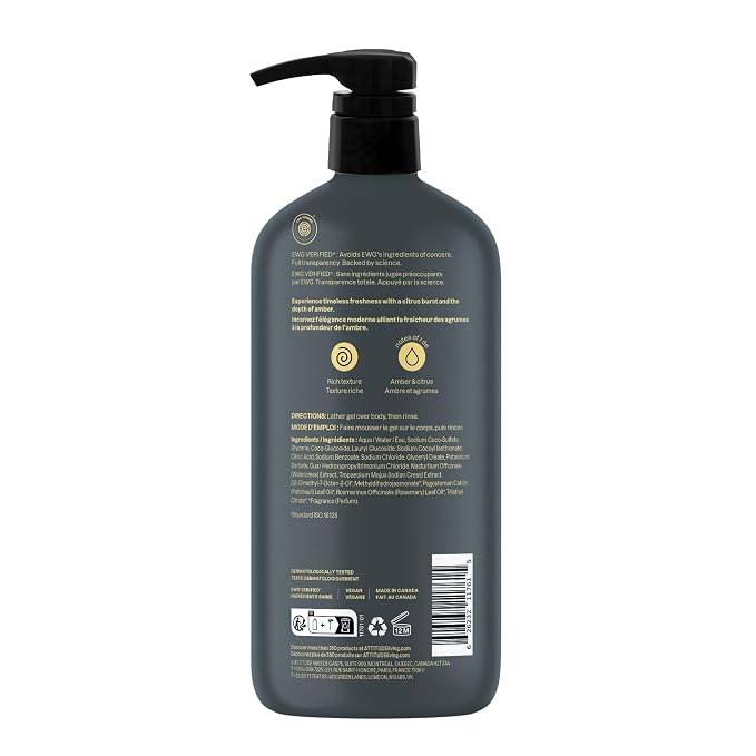 ATTITUDE Shower Gel Body Wash for Men, 98% Natural Origin Ingredients, Paraben & Phthalate Free, EWG Verified, Cleanses Without Drying, Amber & Citrus, 32 Fl Oz