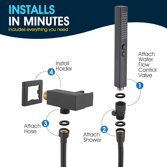 All-Metal High Pressure Square Handheld Shower Head with Jet Spray and Rainfall Modes, Volume Control Regulator, ON/OFF Switch, Hose and Wall Mounted Adjustable Bracket (Matt Black)