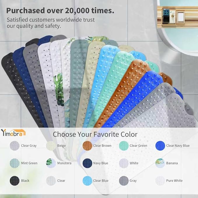 Yimobra Non Slip Bathtub Mat 40 x 16 Inch, Extra Long Shower Mat with Drain Holes, Machine Washable Baby Bath Mats, Strong Suction Cups for Bathroom Floor, White