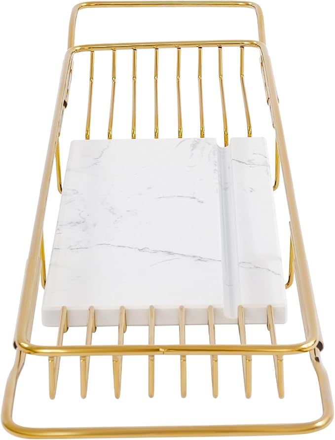 Bathtub Tray Caddy for Luxury Bath, Stainless Steel 26.8-35.4 in Expandable Extra Wide Bath Tub Tray with Natural Marble and Mobile/Tablet Stand, Ideal for Home Spa Lovers (Gold + White)
