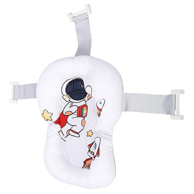 Fafeicy Baby Bath Cushion Pad Cotton Infant Bathing Seat Support Mat with 3 Buckles Wedge Design 28 X 6 X 38cm for Newborn Toddler Bathtub Bath Time (Astronaut Pattern)