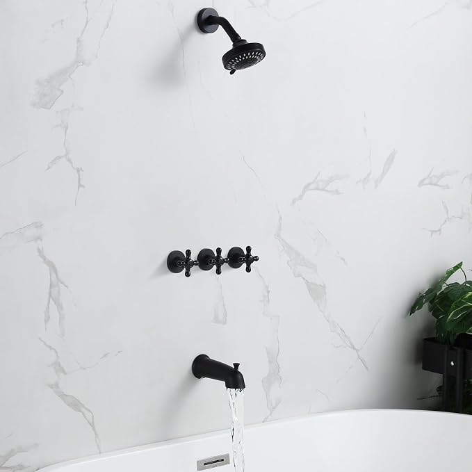 3 Handle Tub Shower Faucet Matte Black Three Knod Tub and Shower Trim Kit 3 Handles Bathtub Shower Faucets Completes with Brass Valve