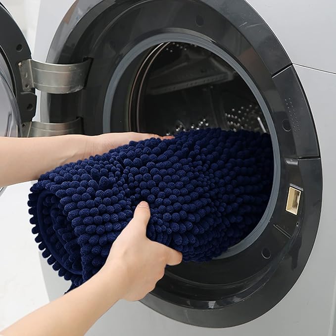 ACCUMTEK Striped Navy Blue Bathroom Rug Mat 48"x17" Ultra Soft, Non Slip Chenille Bath Rugs, Absorbent Plush Shaggy Bath Mats for Bathroom, Bedroom, Kitchen, Shower, Tub