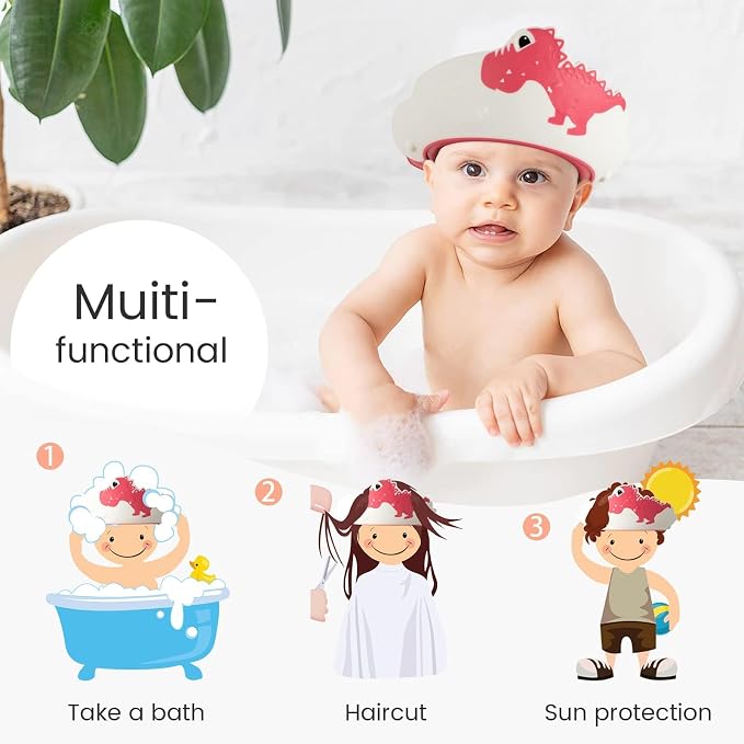 FUNUPUP Baby Shower Cap for Kids, Baby Bath Shampoo Visor Cap Hair Washing Shield Adjustable Silicone Bath Hat for Toddler Girls and Boys (Dinosaur,Red)