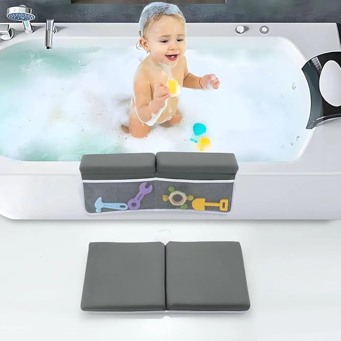 PandaEar Baby Bath Kneeler and Elbow Rest Set - Extra Thick Memory Foam Bathtub Kneeling Pad with Mesh Storage Pockets - Non-Slip, Waterproof Knee Cushion for Bathing Newborns & Toddlers - Dark Grey