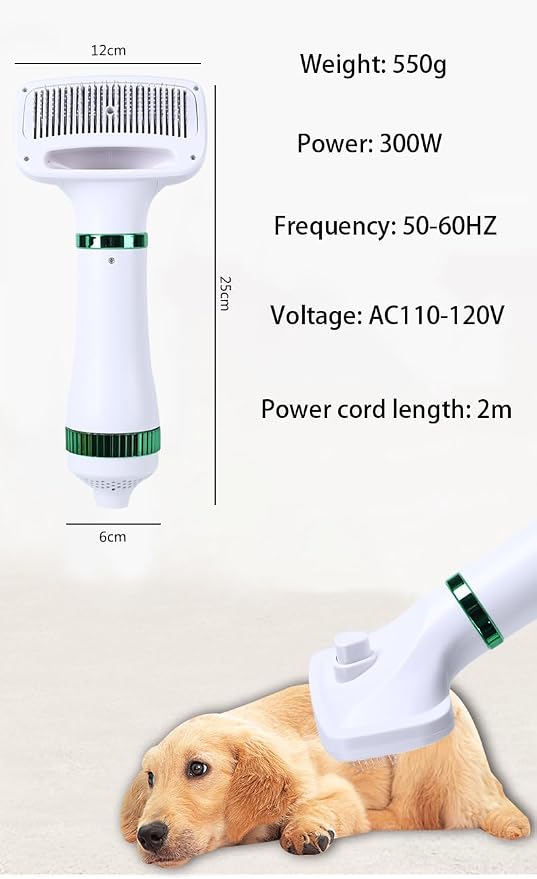 Pet Hair Dryer, 2-in-1 Dog Dryer, 300W Quiet Grooming Hair Dryer, Includes Comb Brush, Adjustable Temperature, Suitable for Small Dogs and Cats