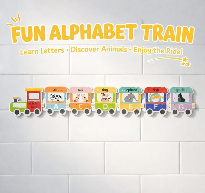Baby Bath Toys for Toddlers 1-3, Mold Free Foam Bath Letters and Numbers, Alphabet Train Water Toys for Kids Ages 2-4, Bathtub Toy Organizer Storage Bag Included, Gifts for Boys Girls