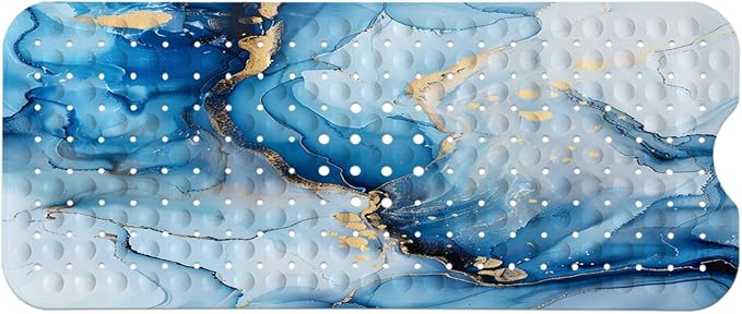 Marble Bath Tub Mat Non Slip, Blue Marble Non Slip Bath Mat for Shower, Large Washable Shower mats for Showers with Drain Holes and Suction Cups,40 X 16 Inch