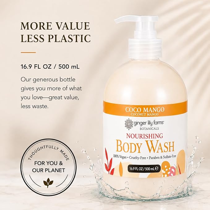 Ginger Lily Farms Botanicals Nourishing Body Wash, Coco Mango, 100% Vegan & Cruelty-Free, Coconut Mango Scent, 16.9 Fl Oz (Pack fo 6)