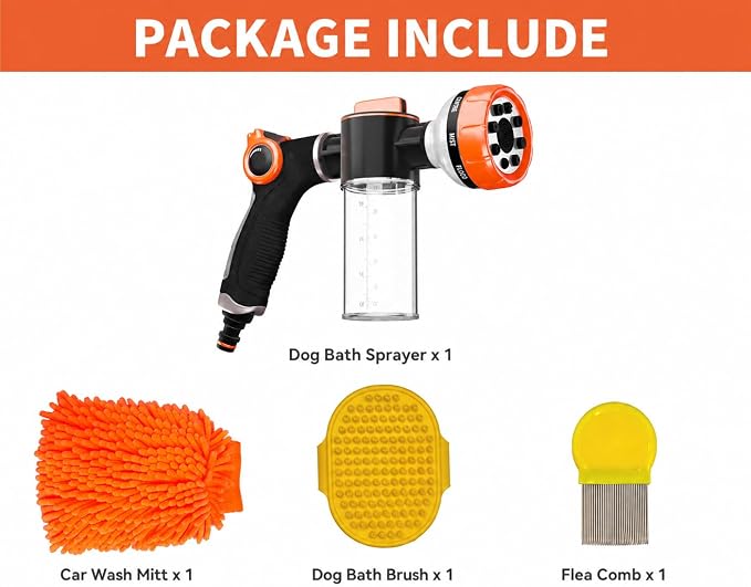 Dog Washing Hose Attachment with Car Wash Mitt, 8-Pattern Dog Bath Sprayer, Easy-Control Hose Nozzle with Soap Dispenser for Garden, Pet Shower and Car Wash