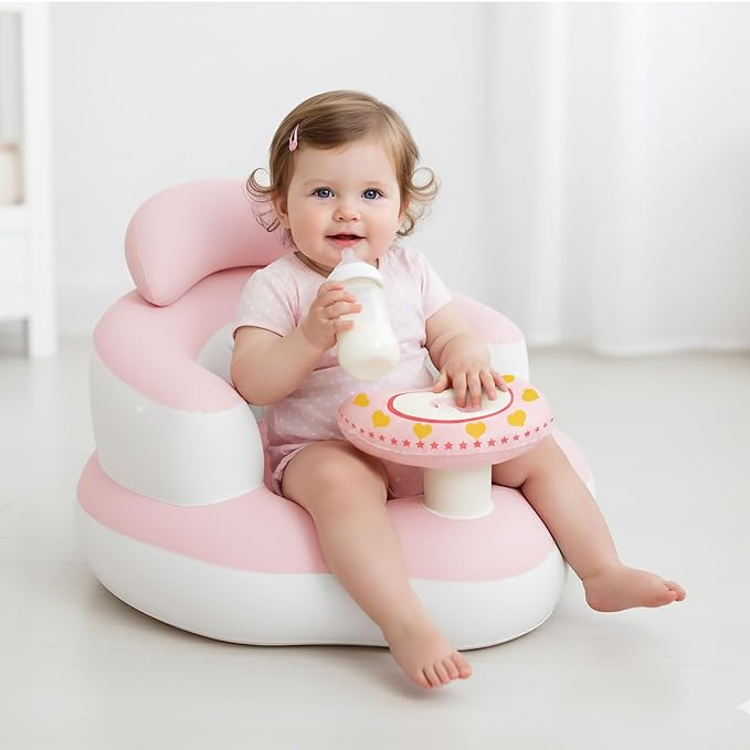 Inflatable Baby Seat for Babies 3-36 Months, Built-in Air Pump, Sit Me Up Chair with Tray and Back Support, Learning to Sit, Portable Baby Chair (Pink & White)