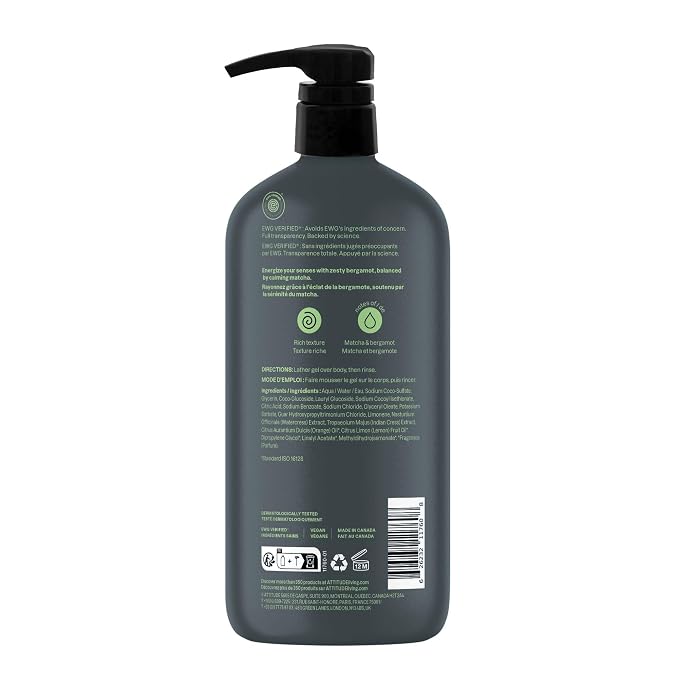 ATTITUDE Shower Gel Body Wash for Men, 98% Natural Origin Ingredients, Paraben & Phthalate Free, EWG Verified, Cleanses Without Drying, Matcha & Bergamot, 32 Fl Oz