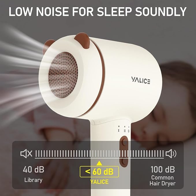 YALICE Cordless Hair Dryer for Baby and Kids, Portable Travel Blow Dryer with Gentle Airflow & Low Heat Ionic Care for Infant, 3 Speed Settings, Mini Rechargeable Hair Dryer with Charging Base, Khaki