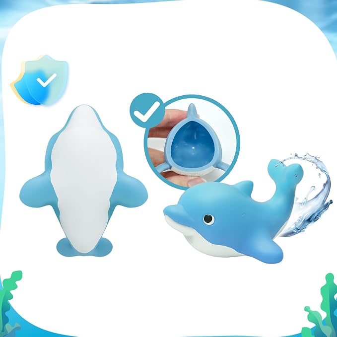 6-Pcs Ocean Animal Bath Toys for Toddlers 6M+, No Hole Mold Free Bathtub Toys, Whale Shark Dolphin Penguin Sea Animal Set for Baby Bath Time or Pool Water Play