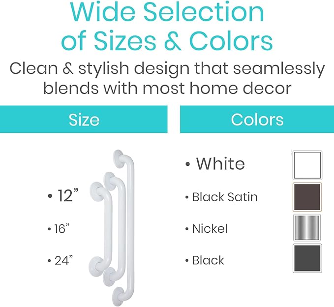 Vive Grab Bar for Showers - Bathroom Antislip Handrail for Seniors, Elderly Assistance Product, Heavy Duty Shower Handles, Handicap Grab Bars, Stainless Steel, Multipurpose, 440 lbs (White)