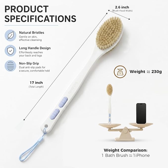 Back Scrubber for Shower with Long Handle, Blue | Double Sided Bristles (Stiff & Soft), Anti-Slip Grip, Lightweight - Gift for Seniors, Includes Lanyard & Hook