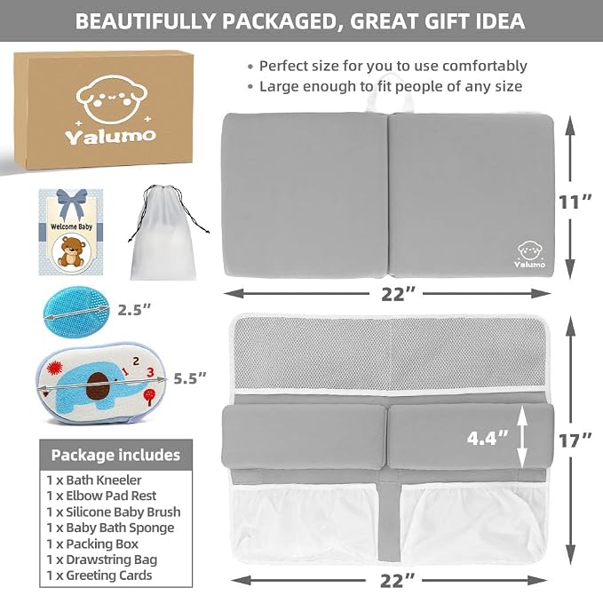 Bath Kneeler and Elbow Rest Pad Set for Baby Bathtub, Thick Non-Slip Bathing Kneeling Mat Cushion Quick Drying Bathtub Knee Saver with Arm Support and Pockets for Bathroom Bathing time Comfort, Gray