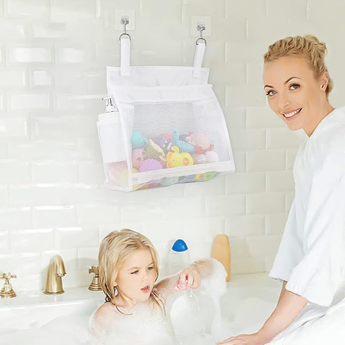 2 Pack Mesh Bath Toys Organizer, Kids Bathroom Toy Storage Holder with Hooks, Bottom Zipper Toy Bag for Bathtub (White)