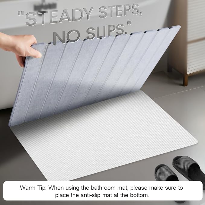 Large Stone Bath Mat - 32x20 Inch, Super Absorbent Diatomite Earth Extra Large Bath Mats for Bathroom, Quick Dry Non-Slip Foldable Stone Drying Mats for Kitchen & Bathtub (Light Gray Floral Decor)