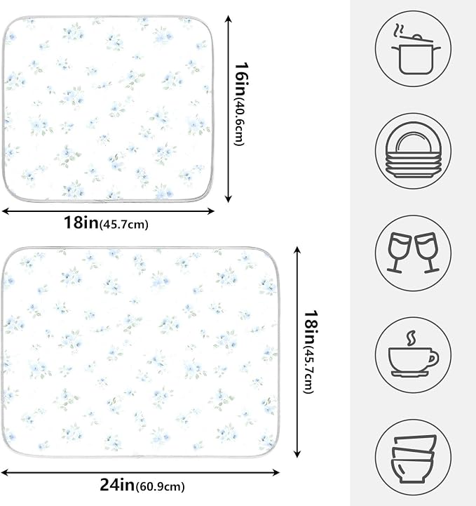 Blue Small Floral Dish Drying Mat, Absorbent Drainer Mats for Kitchen Counter Coffee Maker 24"x18"
