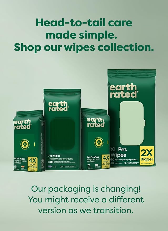earth rated Pet Wipes for Dogs and Cats, Hypoallergenic, 3-in-1 Cleaning, Deodorizing and Hydrating, for Grooming Paws, Body and Butt, New White Tea and Basil Scent, 400 Count