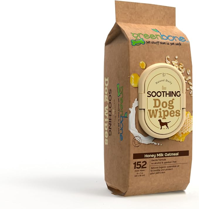 Greenbone Dog Wipes Natural and Safe for Grooming Paws, Body and Butt Cleaning Deodorizing Honey Milk Oatmeal 150 Wipes