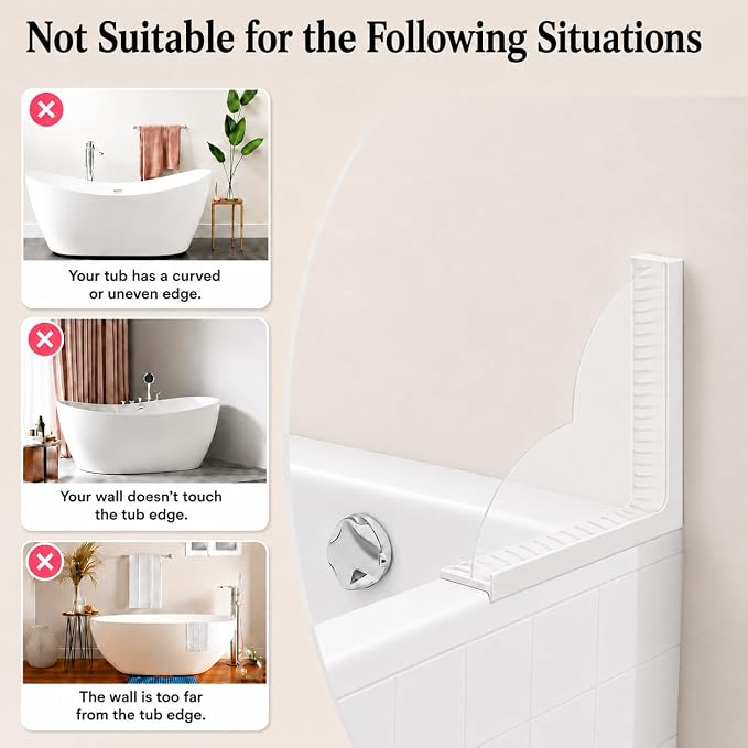 No-Adhesive 2-Pack Acrylic Silicone Bathtub Splash Guard,Tall & Flexible Shower Water Blocker with Strong Suction Cups,Reusable, Keeps Water in, Ideal for Family,Rentals&Pet Bathrooms (off-white)