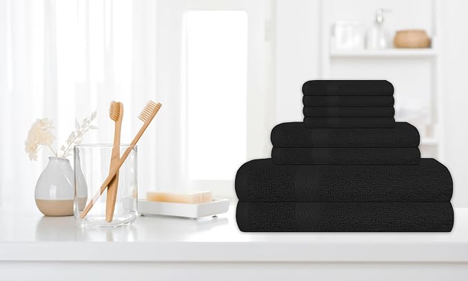 Luxury 8 Piece Set, 2 Bath Towels 2 Hand Towels 4 Washcloths, 100% Cotton Towels for Bathroom, Home, Spa, Hotel & Gym – Ultra Soft, Highly Absorbent, Quick Dry (Black)