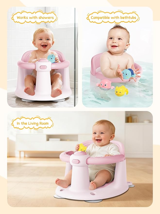Baby Bath Seat for Babies 6 Months & Up - Bathtub Seats for Babies with 3 Baby Bath Toys, Non-Slip, Comfortable, Infant Bath Essentials-Pink