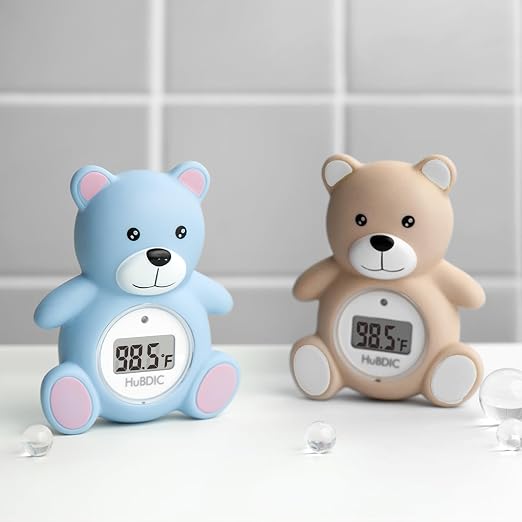 HubiBaby Baby Bath Thermometer & Digital Room Temperature, 2in1 Kids Bathroom Safety Products with Temperature Warning, Floating Teddy Bear (Blue)