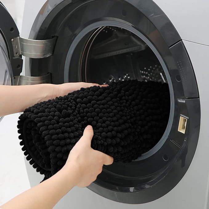ACCUMTEK Striped Black Bathroom Rug Mat 48"x17" Ultra Soft, Non Slip Chenille Bath Rugs, Absorbent Plush Shaggy Bath Mats for Bathroom, Bedroom, Kitchen, Shower, Tub