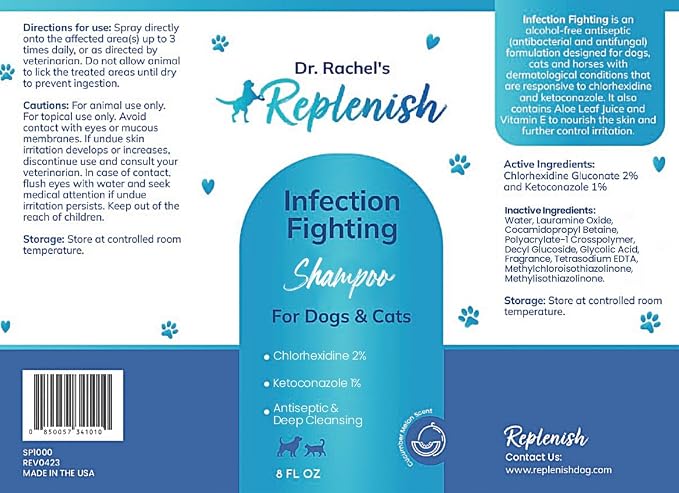 Replenish Anti Itch Dog Shampoo - Medicated Antiseptic Shampoo for Skin Irritation Treatment & Itchy Skin Relief - Dr. Rachelβs Chlorhexidine Dog Shampoo for Yeast with Cucumber Melon Scent - 8 oz