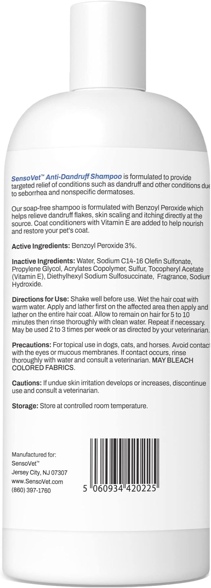 Dandruff Shampoo for Cats & Dogs - Benzoyl Peroxide with Vitamin E - for Itchy Dry Skin, Seborrhea, Folliculitis, Dermatitis, Acne, Flakes & Skin Scaling - 12oz