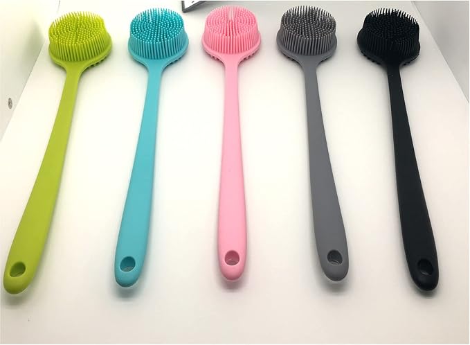 Long Handle Silicone Body Scrubber for Shower, Dual-Sided Back Scrubber Brush with Soft Bristles&Massage Nodes, Exfoliating Bath Brush for Hard to Reach Areas, Easy to Clean & Quick Dry, for Daily Use