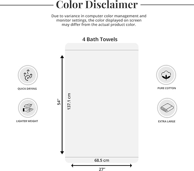 Tens Towels Pack of 4 Soft Bath Towels, 100% Cotton, 27 x 54 Inches, Lightweight & Quick-Dry, Ideal for Daily Bathroom Use, Practical & Comfortable, Beige