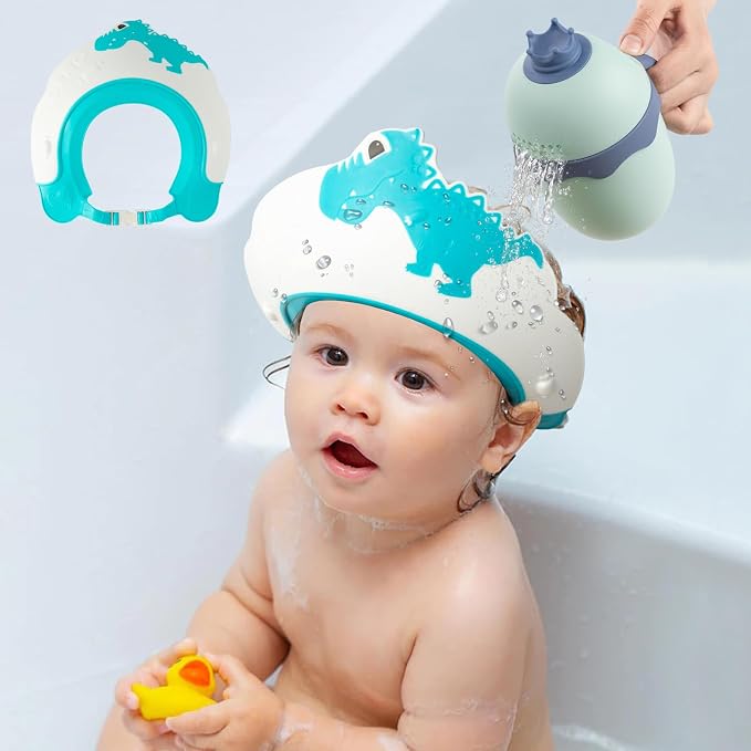 FUNUPUP Baby Shower Cap for Kids with Bath Rinse Cup, Adjustable Toddler Hair Washing Shield Hat Baby Bath Visor Shampoo Hat for Toddlers 6M-9T(Dinosaur Blue)