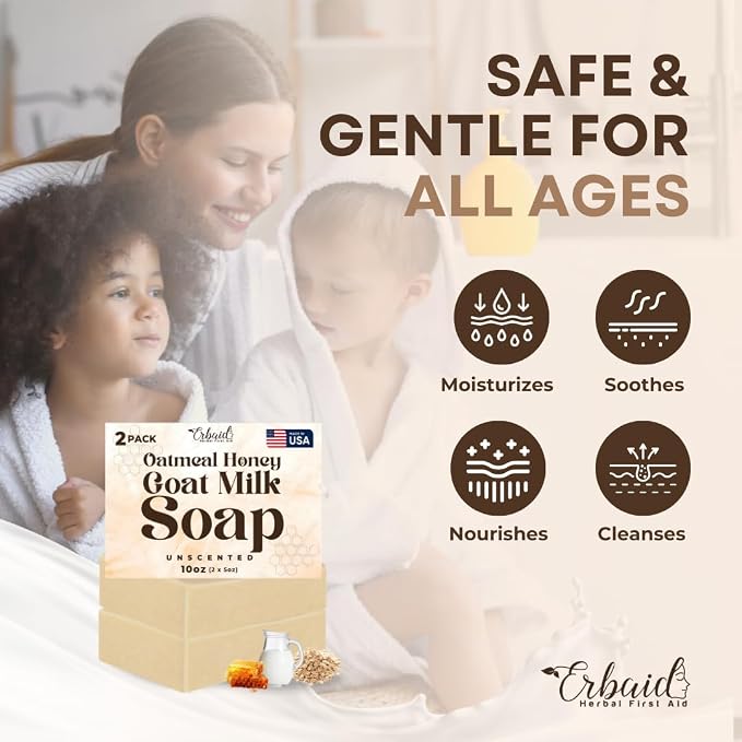 Oatmeal Soap – Natural Oatmeal & Honey Goat Milk Soap Bar – Face & Body Wash for Eczema, Psoriasis, Dry, Itchy, Sensitive Skin Relief – Unscented Wash Great for Kids, Babies – Handcrafted, Made in USA