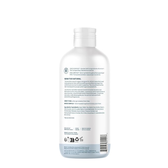 ATTITUDE Body Wash for Sensitive Skin with Oat, EWG Verified, Dermatologically Tested, Vegan, Extra Gentle, Unscented, 16 Fl Oz